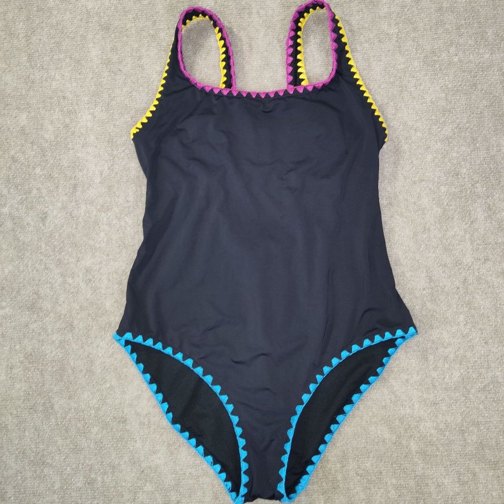 Lucky Brand swimwear Black One Piece swimsuit with Colorful Embroidery Trim